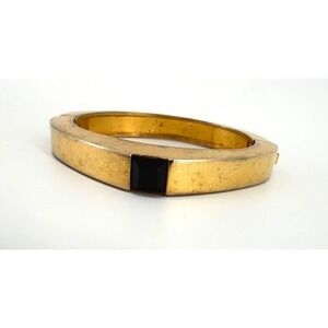 Vintage Gold Tone Hinged Bangle‎ Bracelet Square Black Stone Geometric Cuff